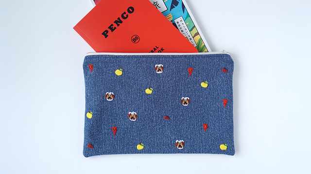 【 手刺繍 】ご当地 デニム フラットポーチ ( 高知 )