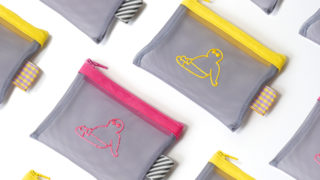 中身が見える!手刺繍メッシュポーチ – ふとっちょおじさん(ミニサイズ/グレー地×ビビッドピンク、イエロー)