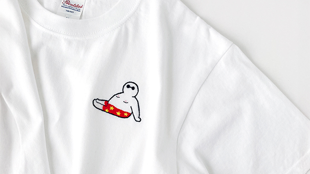 【受注制作】ワンポイント手刺繍Tシャツ(ふとっちょおじさん・星)