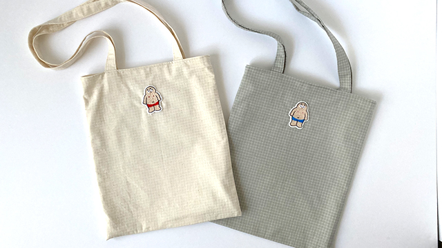 【 手刺繍 】肩掛け フラット チェック柄トート バッグ (おじさん) / 軽量 / サブバッグ / ぺたんこ / A4